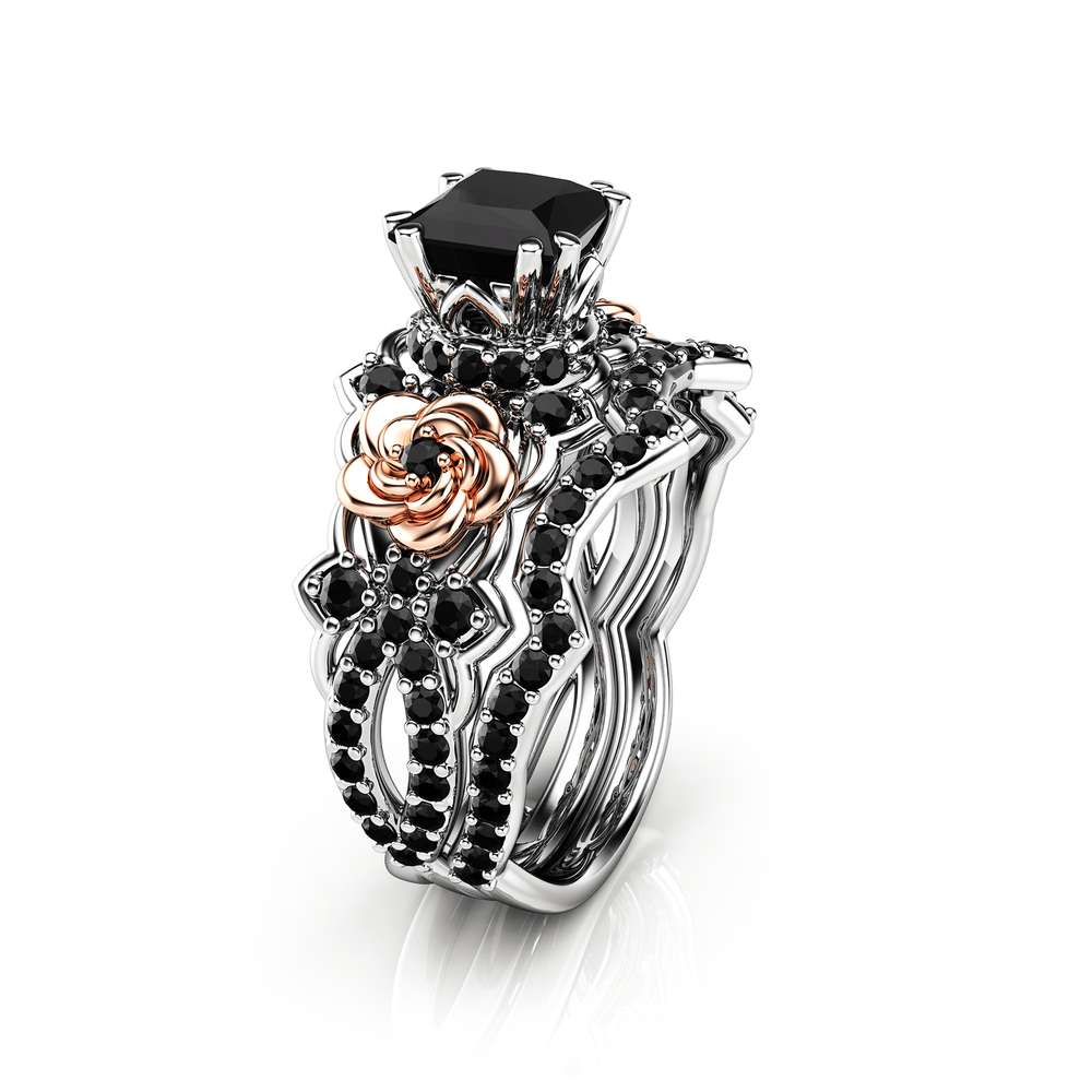 Black Diamond Promise Rings Princess Cut Bridal Set 14K Two Tone Gold Bands Flower Wedding Set